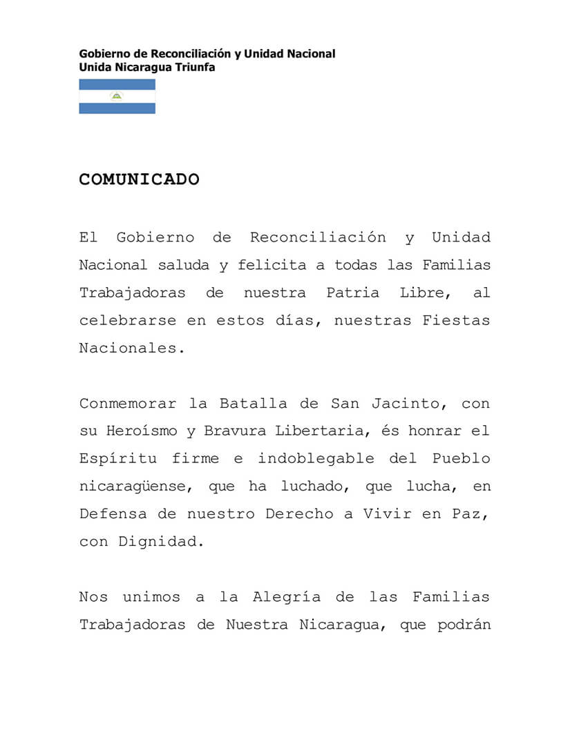 comunicado-gobierno-nicaragua-fiestas-patrias